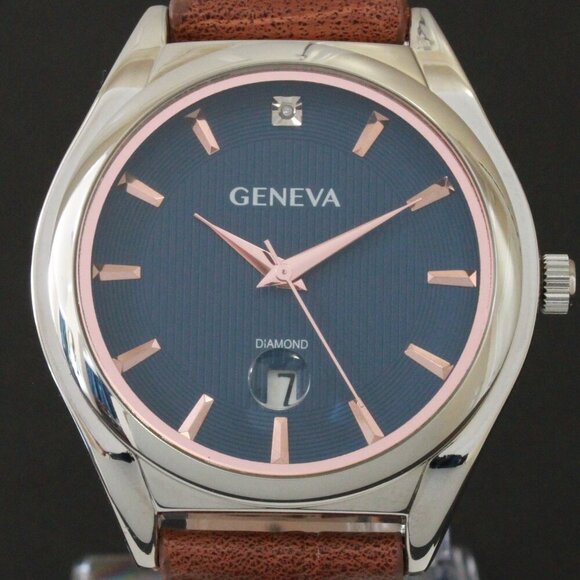 Geneva Men's Dress Watch Diamond At 12 Raised Indices Blue Dial Brown Strap 42mm - Picture 9 of 13